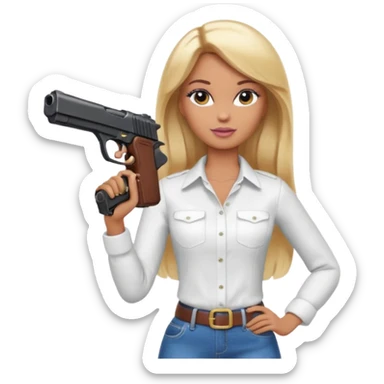 Brown skin blonde hair barbie wearing white shirt holding a black gun sticker