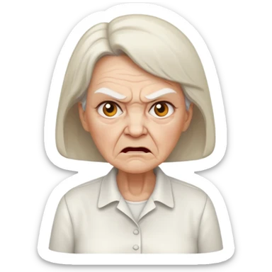 a portrait of angry elderly woman, wearing shirt sticker