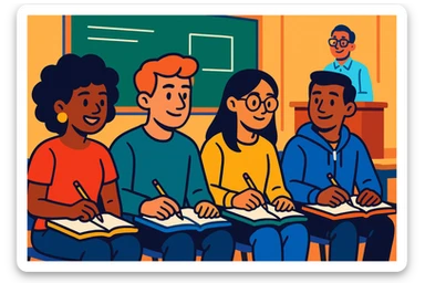 group of four mixed students taking notes during a class, university atmosphere, colorful cartoon style, background with blackboard and teacher's desk sticker