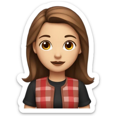 2d girl with brown hair and brown eyes a black shirt and a red checked skirt sitting sticker