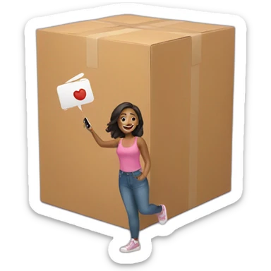 influencer taking selfie with a box sticker