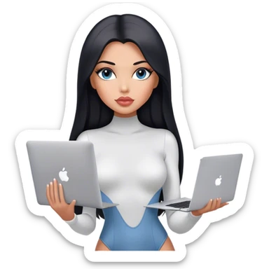 Glamours, tanned, very beautiful girl, with big pump peach-beige-rose lips, black straight smooth silky long hair, straight parting, blue-grey eyes, in white bodysuit holding MacBook sticker