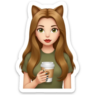 Pretty girl with thick voluminous long hair no bangs with full lips cat eye with tight t shirt holding a to-go coffee and long nails. Olive skin.  sticker