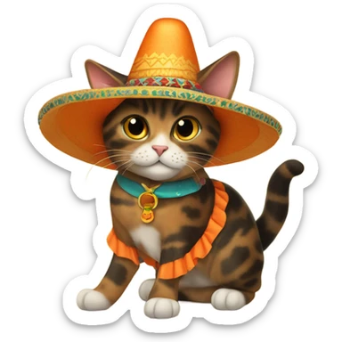 Tortoiseshell cat with orange collar wearing a sombrero hat sticker