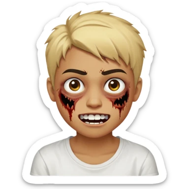 Teenager. Short buzz, messy blonde hair. Dark brown bushy eyebrows large expressive golden-brown eyes, brown skin color, scar over nose, wearing a plain white t-shirt. Crooked grin showing imperfect teeth, one side raised higher than the other, zombie-like smile . brown skin color.  sticker