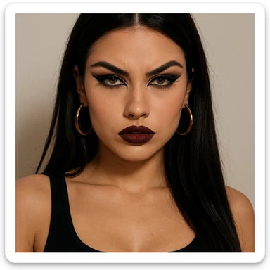 baddie girl with long dark hair, hazel eyes, small nose, bold makeup, attitude sticker