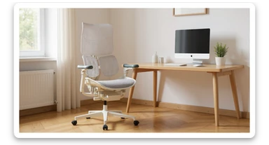 Editorial shot, Make this chair next to desk with mac setup, minimalistic room, bright and warm sticker
