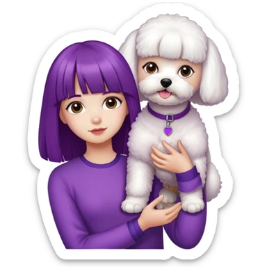 A girl with a straight fringe and purple long hair is holding a Bichon Frise. sticker