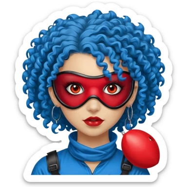 blue curly haired paintball playergirl with huge earrings, wearing red paintball eye mask, sticker