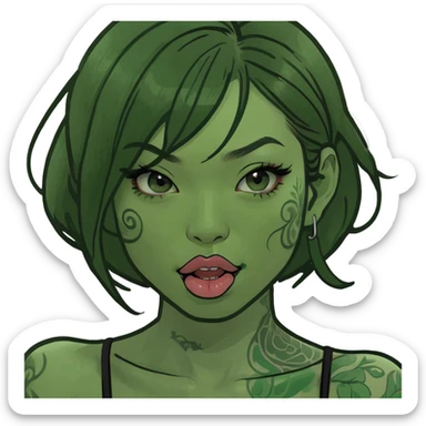 Beautiful Asian girl with tattoos on her body biting her lip sticker