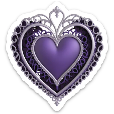 gothic heart, deep purple satin, ornate silver filigree, black lace trim, moody and elegant sticker