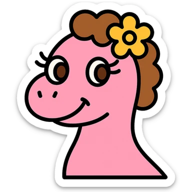 pastel pink dinosaur with brown curly hair, a Hawaiian flower in her hair, brown eyes, and long eyelashes, playful icon style sticker