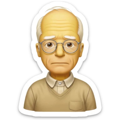 A 3D cartoon close-up of Grandpa Abe Simpson, yellow skin, bald head with side tufts of white hair, glasses, wrinkled face, beige shirt with collar, soft yellow lighting, cinematic Memoji-style portrait consistent with other Simpsons family members, yellow dress. sticker
