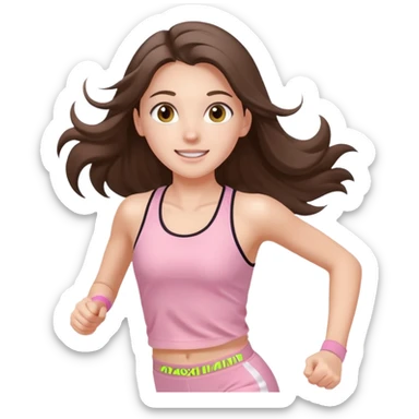white happy brunette teen long hair with hazel eyes in light pink workout clothes jogging through finish line sticker