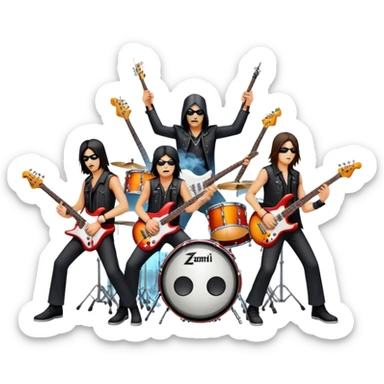 Icon for Metal Music: metal band on stage with 4 musicians playing electric guitars, bass, and drums. The atmosphere is intense, with flashing lights, smoke, and energetic stage presence. The vibe is powerful and electric. Transparent background. sticker