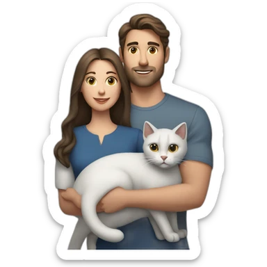 white brun man and brunette woman with a big gray cat in their arms sticker