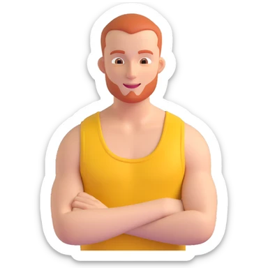 redhead man with a buzz cut wearing a yellow tank top, upper body, friendly expression, neutral background sticker