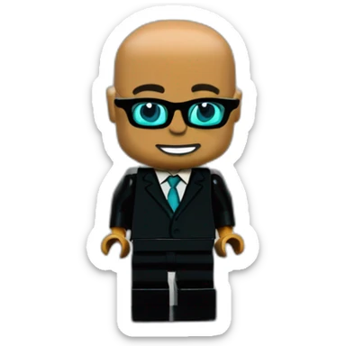 bald tan lego with turquoise glasses in black suit kneeling to propose sticker