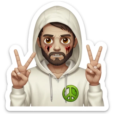zombie with peace sign gesture wearing plain white hoodie with no designs, dark brown hair and short full beard sticker