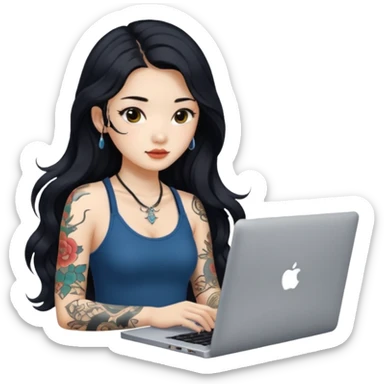 beautiful girl, with tattoos, with long black hair, wavy hair, chinese, with laptop sticker