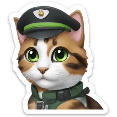 black, brown and grey calico cat with green eyes dressed as a pilot sticker