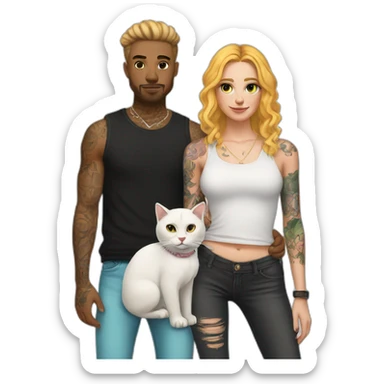 White skater and White Girl with tattoos holding 2 fat cats sticker