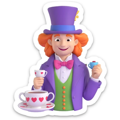 Mad Hatter from Alice in Wonderland, smiling face with a tall purple hat, mismatched clothes, and a teacup, fun and storybook-inspired design, stylized as an emoji sticker