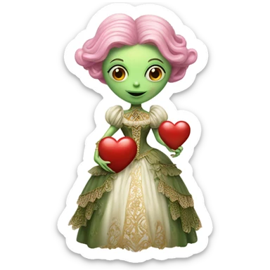 a green alien woman in Victorian dress white gold, pink hair,holdig, red big hearth, full body sticker