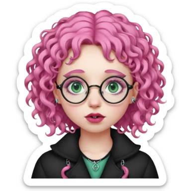 . Gothic girl with pink curly hair, round glasses, septum piercing, nostril piercing, almond eyes, blueish green eyes, sticker