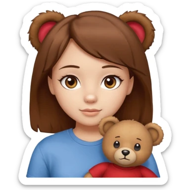 A Girl with Brown hair and Brown eyes with a t-shirt of a Teddy bear sticker