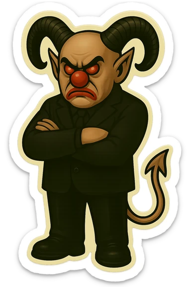 Render an evil clown wizard in retro sticker style, transparent background, arms crossed and looking serious, wearing an all black suit, no pentagrams. Use the reference images for face, horns, and tail. sticker