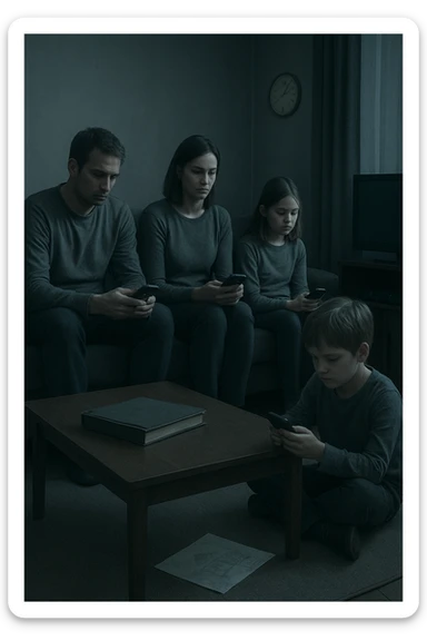 Famiglia composta da padre, madre e uno o due figli seduti nello stesso ambiente domestico (salotto o tavola da pranzo), ma ciascuno è assorto nei propri pensieri, con espressioni spente e distaccate. Nessuno si guarda o sorride. I colori dell’ambiente sono freddi e grigi, la luce è debole. Intorno a loro, simboli di disconnessione: telefoni in mano, TV accesa ma ignorata, silenzio. L’atmosfera è visivamente carente di calore emotivo. Nessun contatto fisico, postura rigida. Un dettaglio visivo come un album di foto chiuso sul tavolo o un disegno dei figli dimenticato sul pavimento accentua la mancanza di dolcezza e unione sticker