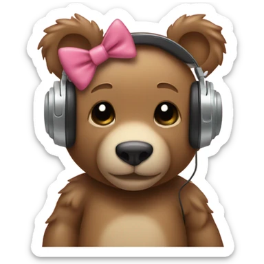 a cute teddy bear with headphones on an dthe headphones have little bows hanging on each side of th eheadphop sticker