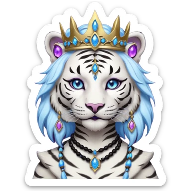 ESO Female white/black tiger khajiit leader of the umbral rose, glowing blue eyes, glowing blue 'third eye' gem, black beaded dreadlocks; silver crown/tiara with purple gems sticker