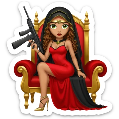 Drug dealer female green eyes symbol.  hair is brown curly long hair. sexy long with long red and black dress and face veil on that covers her mouth only. black stiletto platform high heels shoes on. Holding sniper rifle sitting on a gold throne. sticker