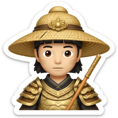 Samurai with straw hat, Warrior in armor holding wide hat sticker