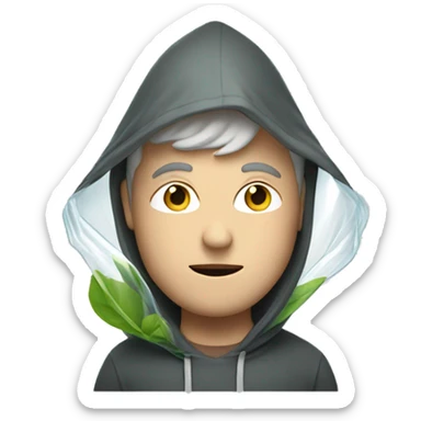 Quiet white man with hood up holding a clear plastic bag with green leaves inside sticker