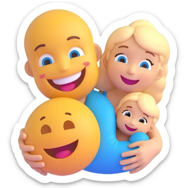 3D smiley emoji, round shape, grandfather playing with grandchild, blue color, smiling face sticker