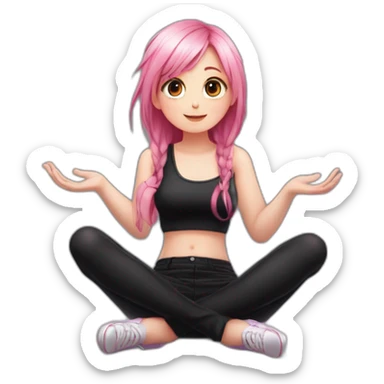 Full body Front view curvy emo girl pink hair sits on the floor straight view hands up black skirt белые трусики полосатые рваные чулки sticker