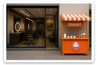 brohouse sartarosh xonasini chizib ber tashqaridan va uning yonida yupi va musqaymoq sotadigan lavkalar bulsin va sartarosh xona sal zamonaviyroq bulsin sticker