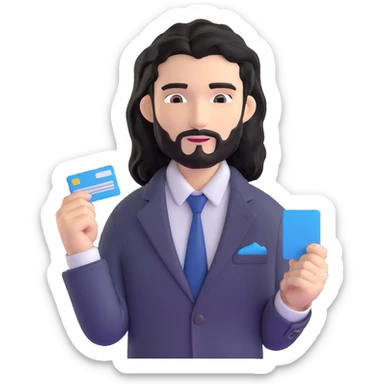 Business strategist with black wavy hair, stubble, chiseled face, wearing blazer and button-up shirt, engaged in conversation at a networking event, holding business card, surrounded by other professionals, social business setting sticker