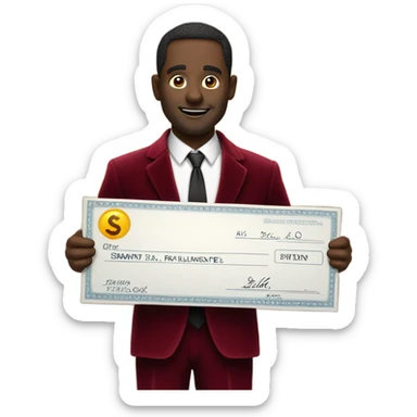 fat guy in dark red velvet suit holding cheque sticker