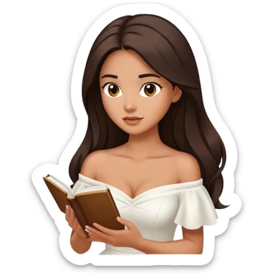 Beautiful woman in 1950’s woman fashion look, off-shoulder white dress, long dark brown hair, reading  sticker
