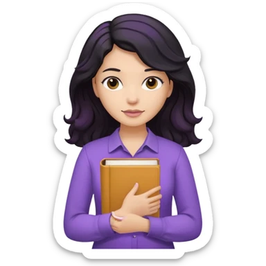 Long Hair Women, with Black dark wavy hair, with purple Book, beige shir, without background sticker