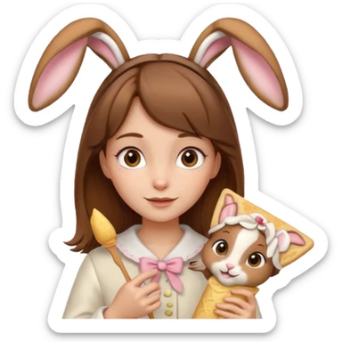 brown haired girl with bunny ears and holding a crape/pancake sticker