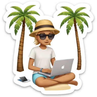 A gender-neutral person sitting with a laptop on the beach. A palm tree nearby, sun and sea in the background. Relaxed, summery atmosphere. Simplified shapes, no detailed facial features, clean emoji-like design. sticker