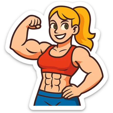 muscular white girl with blonde hair and green eyes, flexing 6 pack abs and one arm bicep sticker
