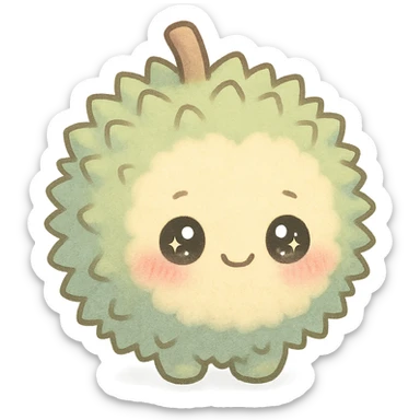 soft fluffy round durian in chibi style, green spiky shell, yellow flesh, blushing, shy, sparkly eyes, pastel tones, full-body sticker