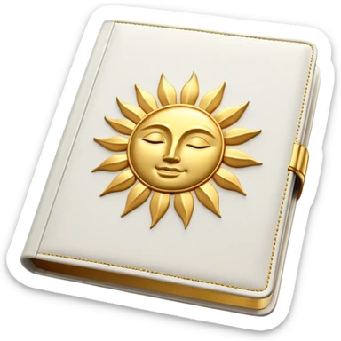A white leather book with golden accents, smooth and polished, embossed with a symbol of six pillars, a sun, or a glowing mirror, radiating strength, confidence, and the power of self-worth.  sticker