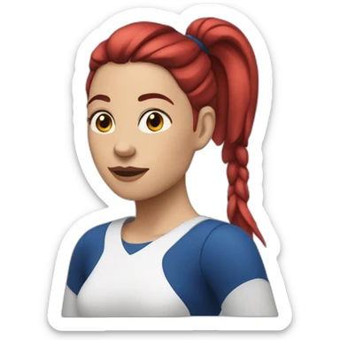 white woman with a ponytail and dark blue to red  hairs and hoops sticker